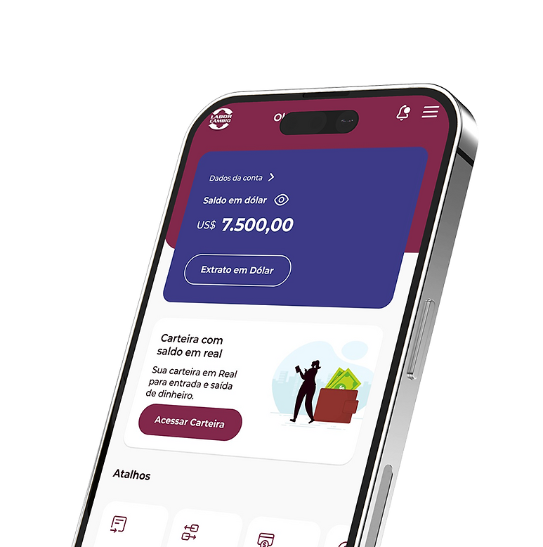 Aplicativo de conta internacional e cartão de débito